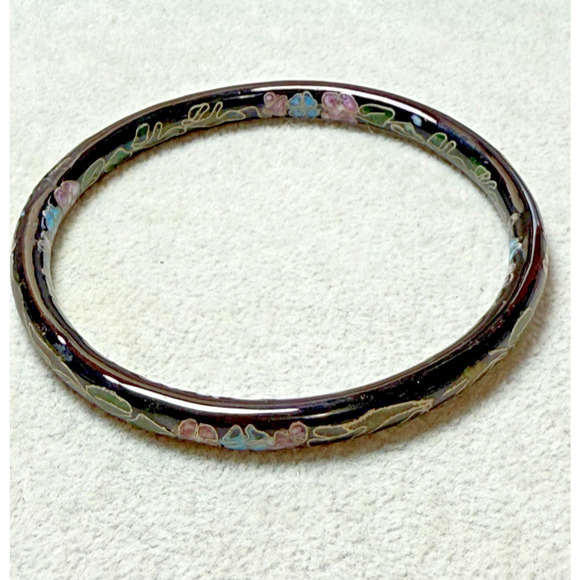Vintage Cloisonne Bangle Bracelet Black Enamel w/ Inlaid Florals Leaves Vines - Picture 4 of 5